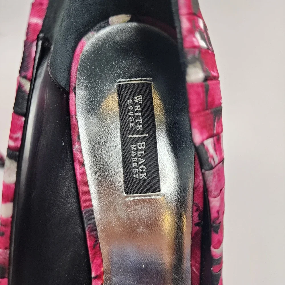 White House Black Market Apple‎ Floral Peep Toe Pumps Pink Black Pleated 8.5M